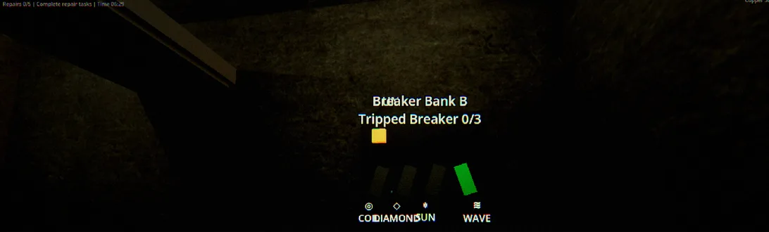 Breaker Bank B in a dark room, with four physical switches and symbol labels lit by a flashlight.