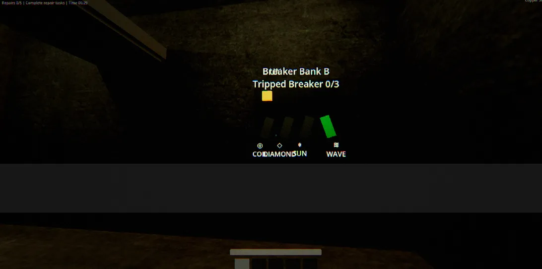 Breaker Bank B in a dark room, with physical switches and symbol labels lit by a flashlight.