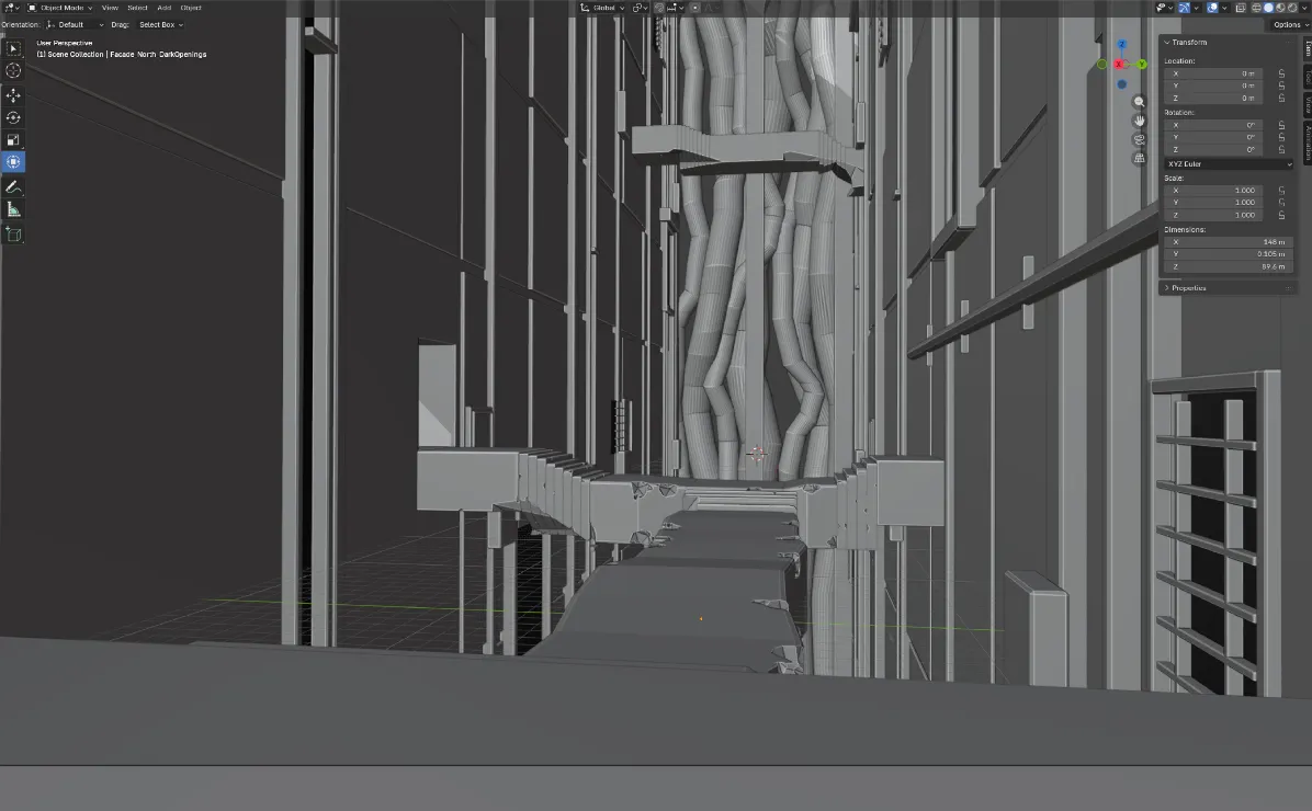 A Blender viewport showing a narrow damaged bridge crossing a shaft lined with conduits and wall panels.