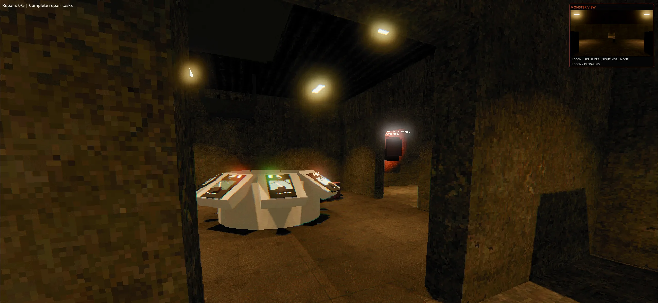 A low circular control hub console seen through a thick concrete doorway.