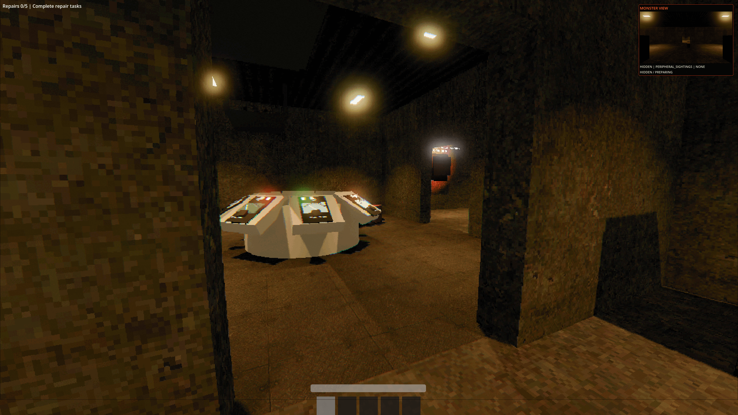 A low circular control hub console seen through a thick concrete doorway.