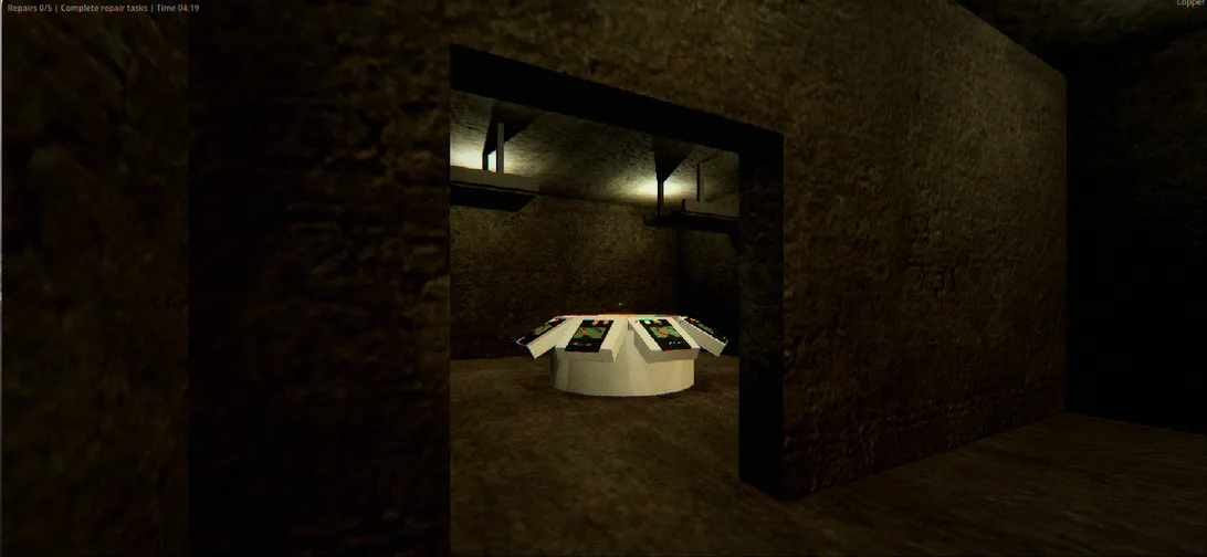 A low circular control hub console seen through a thick concrete doorway.