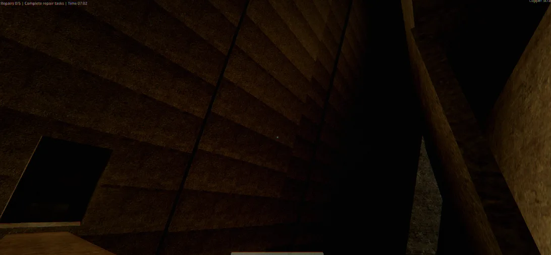 A steep concrete stairwell descending beside a narrow opening into darkness.