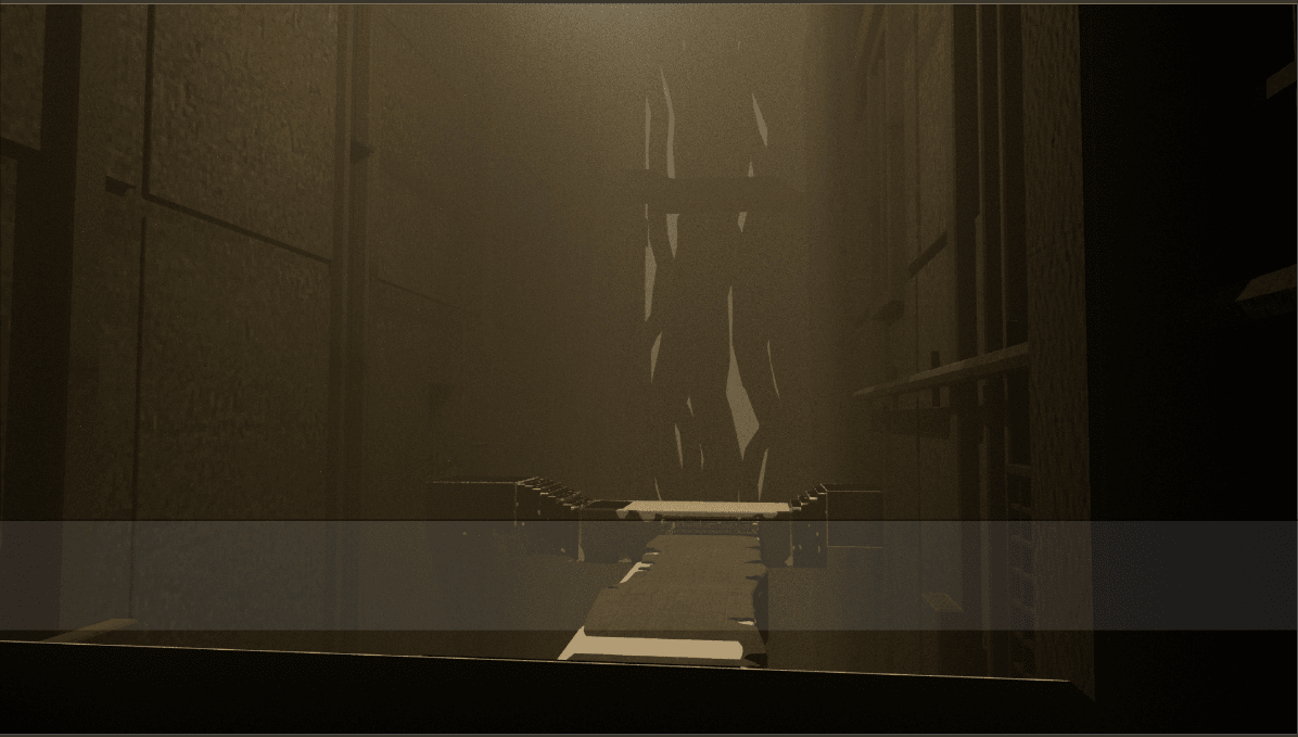 A damaged maintenance bridge crossing a tall amber-lit shaft between massive industrial walls.