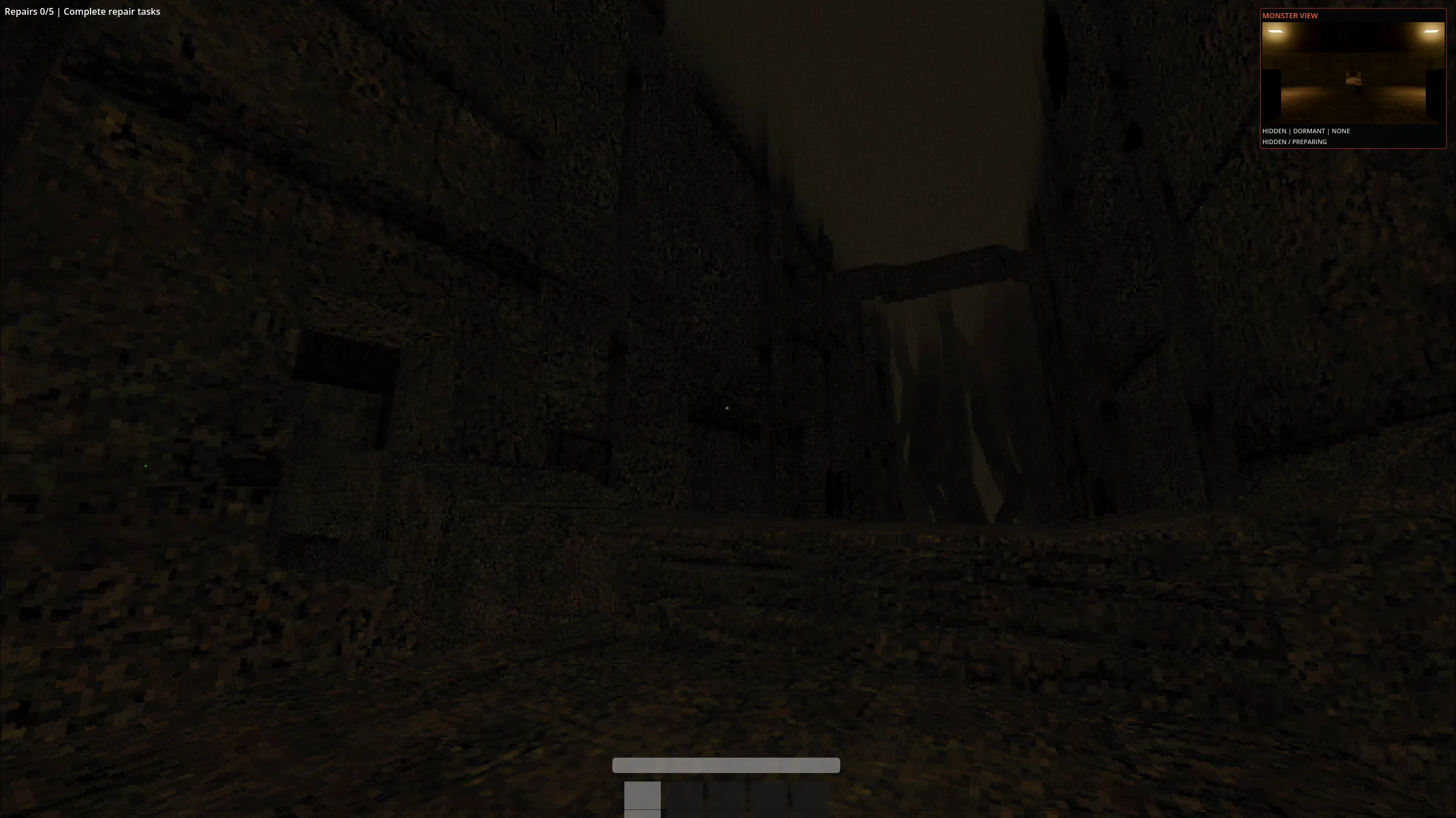 A dark multi-level service chamber with raised maintenance platforms crossing a deep industrial void.