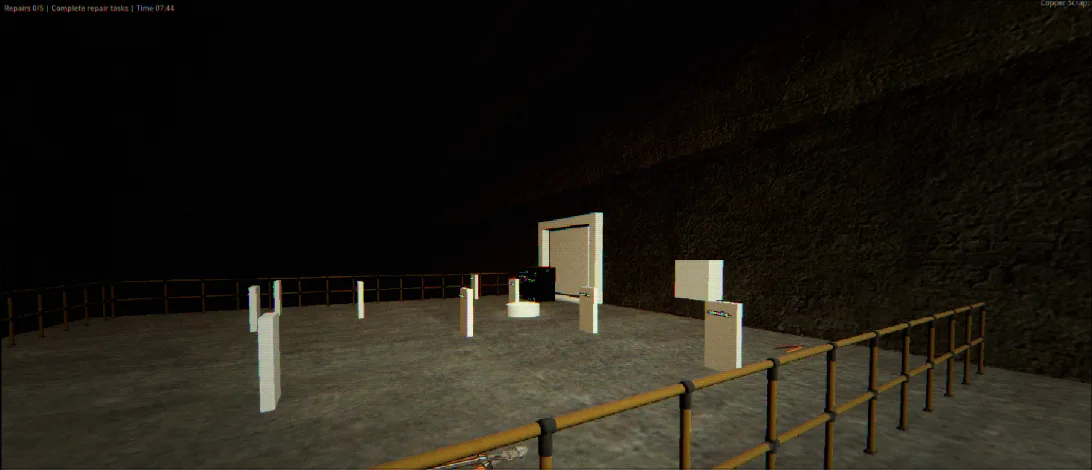 A broad maintenance platform with waist-high rails and sparse electrical controls against a vast dark wall.