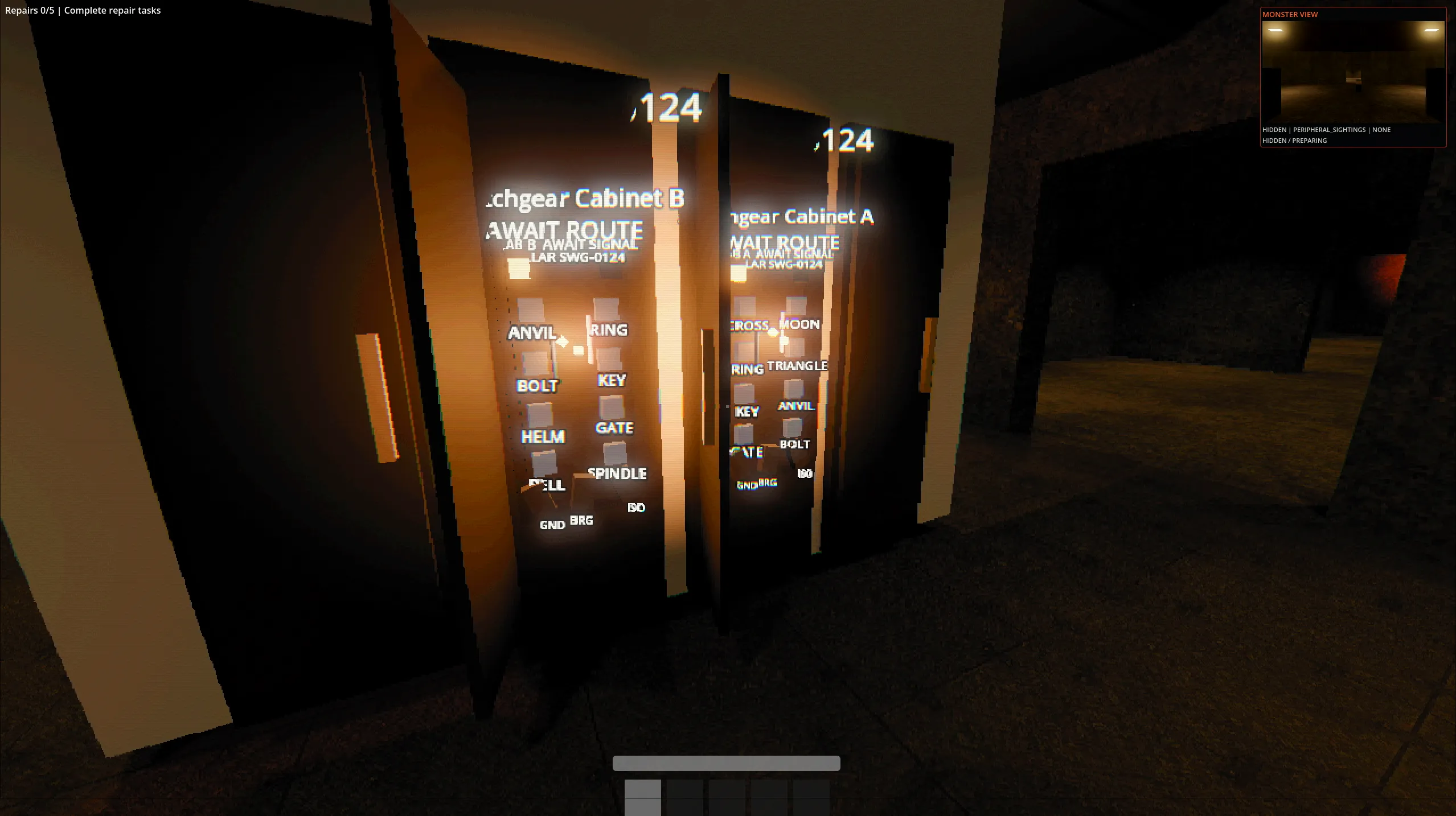 Two active switchgear cabinets displaying linked routes and symbol labels in a dark concrete room.