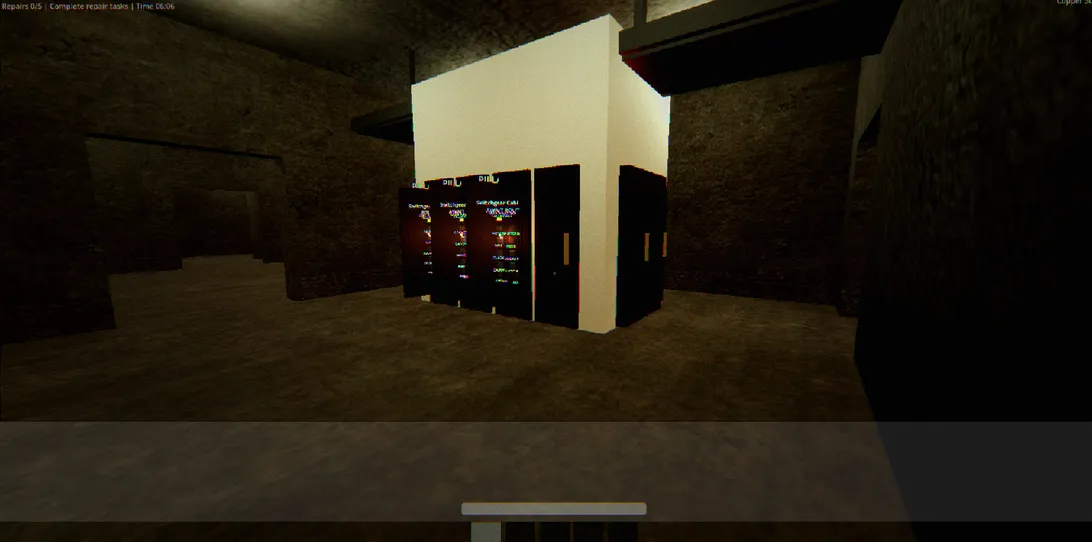 An early switchgear cabinet blockout beneath a harsh work light in a concrete room.