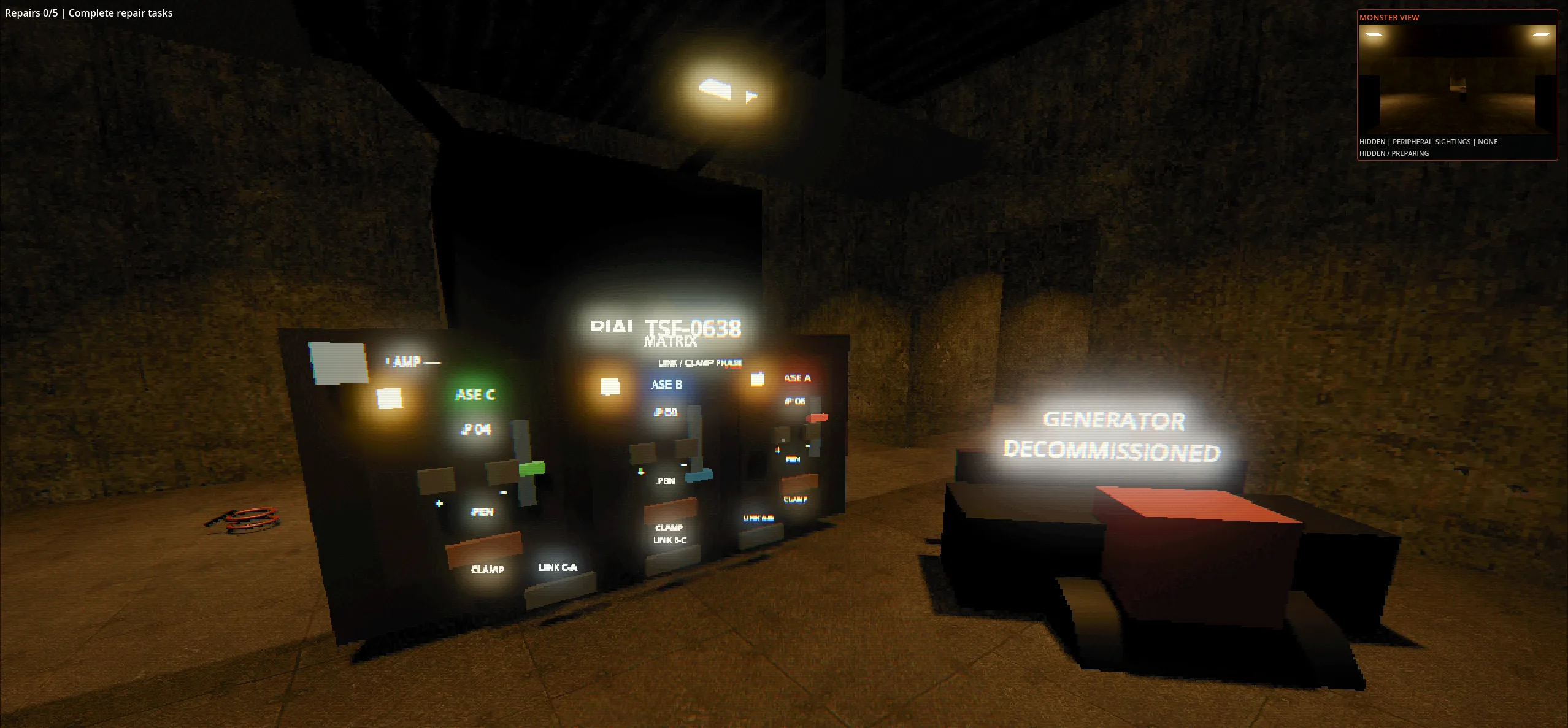 Three illuminated transformer phase-control panels beside a decommissioned generator in a concrete room.